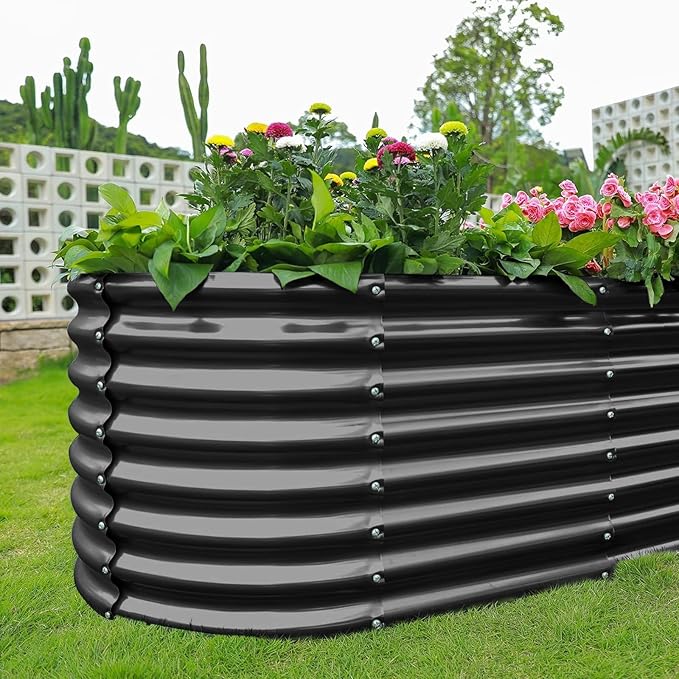 Land Guard Galvanized Planter Raised Beds, 6×3×2ft Galvanized Water Trough, Keyhole Raised Garden Bed Metal (Dark Gray)