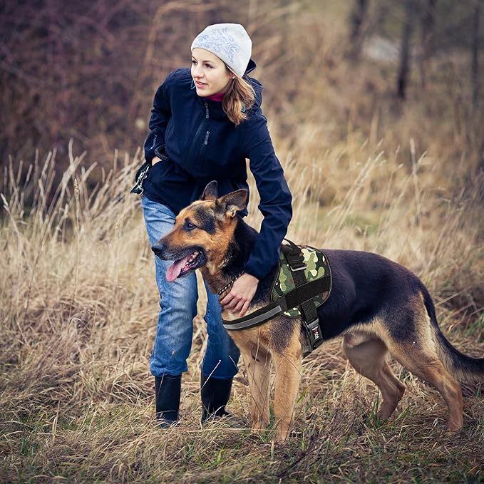 Dogline Dog Harness, Reflective No-Pull Adjustable Vest with Handle for Walking, Training, Breathable, No - Choke Harness for Small, Medium or Large Dogs Room for Patches Girth 33"-46" in Green Camo