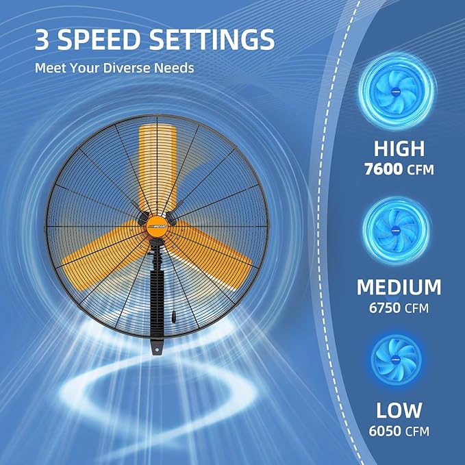 24 inch Oscillating High Velocity Wall Mount Fan, 7600 CFM Industrial Heavy Duty Metal Wall Fan, 3 Speeds, Adjustable Height and Tilt, Commercial Shop Fans for Garage, Workshop