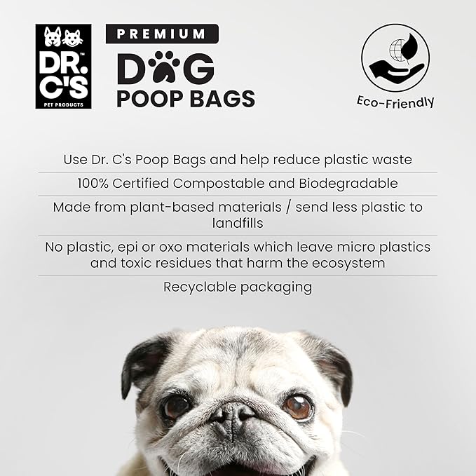 100% Certified Compostable Dog Poop Bags - Dr. C's Premium Dog Poop Bags - 120 Bags / 8 Rolls, Extra thick, Leak Proof, Unscented, Plant Based and Earth Friendly