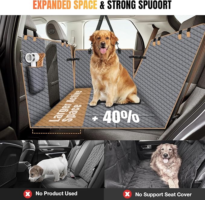 Dog Car Seat Cover for Back Seat, Dog Car Bed Cover with Strong Hard Bottom, Back Seat Extender Hammock for SUV Truck,4 Panels Gray Color