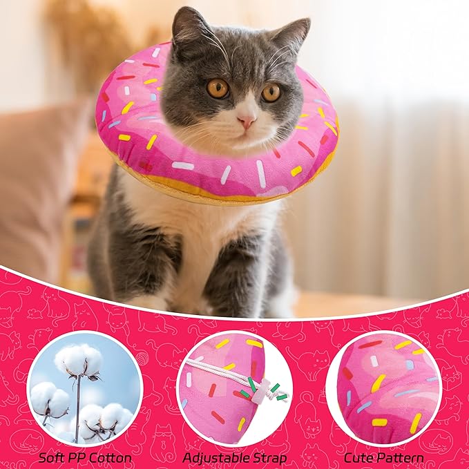 Cat Cone Collar Soft, Adjustable Cat Recovery Collars Spay Cones to Stop Licking, Cute Donut E Collar After Surgery, Anti-Lick Wound Healing Elizabethan Collar for Kittens (Donut Pink, Small)