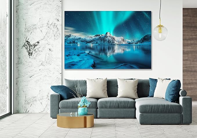 Nature Wall Art Prints - Ocean Forest Mountain Lake Canvas Landscapes - Small to Extra Large Living Room Bedroom Kitchen Bathroom Décor (Northern Lights Over Lake, 35L" x 53W")