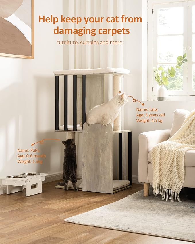 FourFurPets 43.8in 3-Tier Modern Cat Tree Tower Condo, Cat Scratch Posts for Indoor Cats, Big Plate, Two 19.7in Full Sisal Scratching Posts, Greige