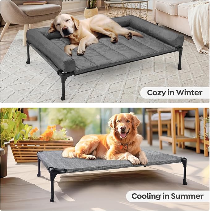 Veehoo Cooling Elevated Dog Bed Add Removable Waterproof Bolster Cushion Mat, Raised Pet Cot with Breathable Teslin Mesh, No-Slip Feet, Dog Couch Bed for Indoor Outdoor, Large, Black Silver
