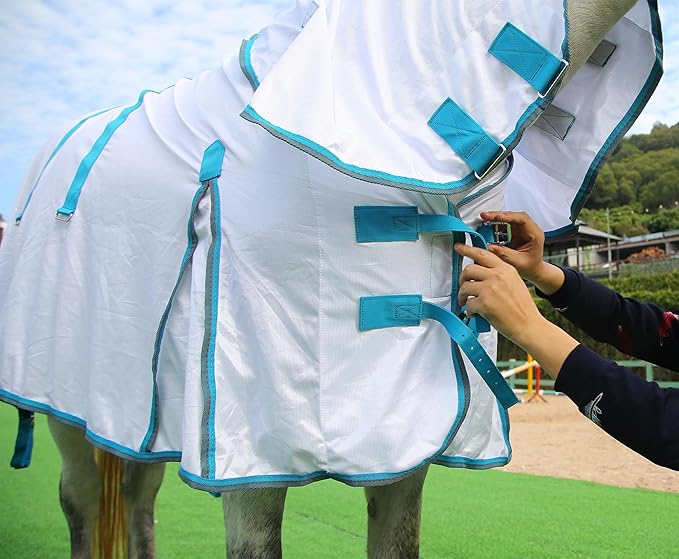 Horse Fly Sheet with Detachable Neck Cover & Belly Wrap, Adjustable Fly Sheet for Horses, Ventilated Airflow Mesh Equine Cooling Summer Flysheet White 72