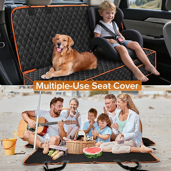 XHRING Dog Car Seat Cover for Honda CRV HRV CR-V HR-V LX EX EX-L EX-L Navi Touring 2000-2025 Back Seat Accessories, Scratchproof Pet Bench Backseat Covers with Two Big Pockets - Black Orange
