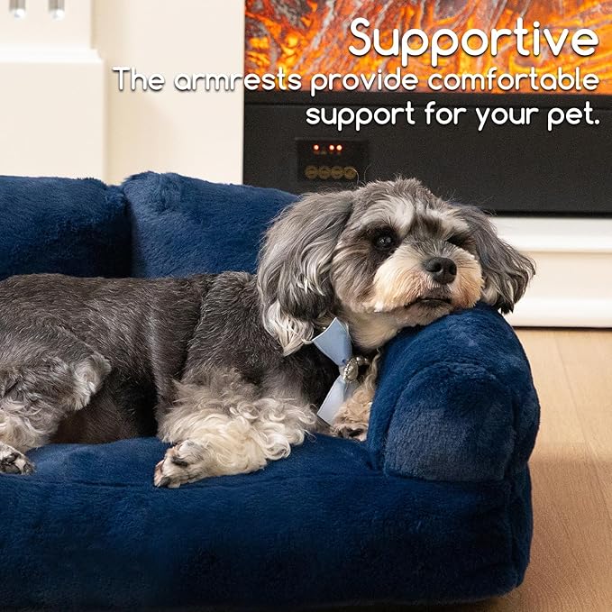 Hollypet Fluffy Plush Pet Cat Couch Sofa Soft Calming Pet Dog Sofa Beds for Medium Small Cats and Dogs, Cobalt Blue