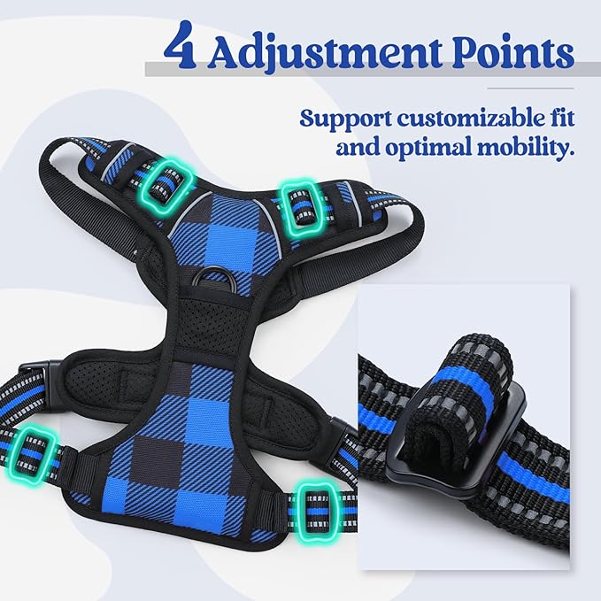 rabbitgoo Dog Harness No Pull with 2 Leash Clips, Adjustable Soft Padded, Reflective Oxford No Choke Pet Vest with Easy Control Handle for Large Dogs, Blue Plaid, XL