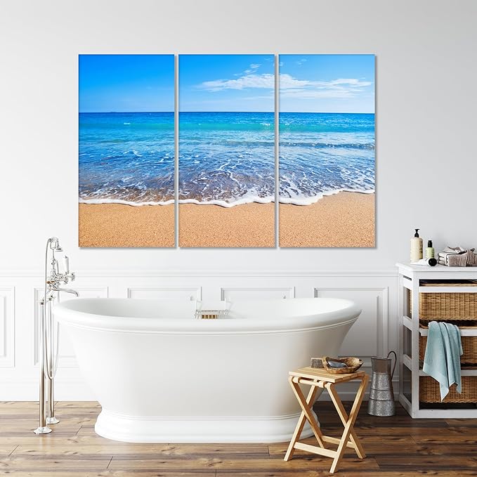 Nature Wall Art Prints - Ocean Forest Mountain Lake Canvas Landscapes - Small to Extra Large Living Room Bedroom Kitchen Bathroom Décor (Sandy Ocean Beach, 31L" x 47W" - 3 Panels)