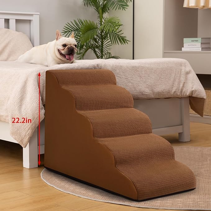 5-Step Dog Stairs and Ramp for High Bed,Non-Slip Sturdy Pet Steps for Small Dogs and Cats,22.2" H,Brown