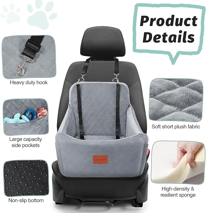 Dog Car Seat for Medium Dogs Up to 35lbs,Fully Detachable and Washable,Easy to Install with Adjustable Straps,Anti-Slip Bottom Travel Car Bed for Pets,Two Side Pockets(Grey,Medium)
