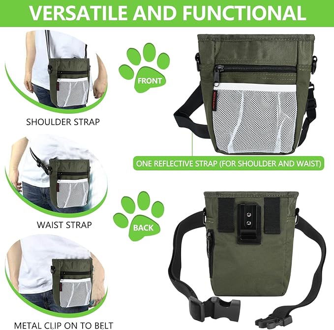 Dog Treat Pouches for Pet Training with Magnetic Closure Treat Pouches for Pet Training,Large Dog Treat Training Pouch and Dog Clicker,Training Treat Pouch Built-in Poop Bag Dispenser-Green