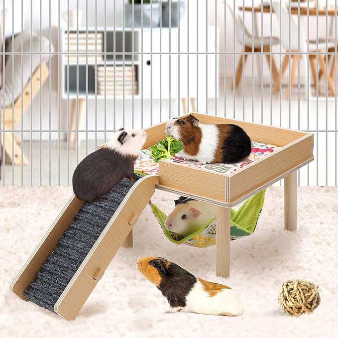 Guinea Pigs Hammock with Platform, Safe Wooden Guinea Pig Hideout with Stairs, Durable Small Pet Bed for Piggies Chinchilla Rat Hamster Bunny (Single Hammock)