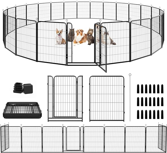 Dog Playpen Outdoor Extra Wide 24 Panels Heavy Duty Dog Fence 40" Height Anti-Rust with Doors Portable for RV Camping Yard, Total 63FT, 316 Sq.ft, Snowy Black