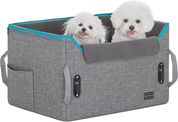 PETSFIT Dog Booster Car Seat for Small/Medium Dogs, Dog Car Seat for Medium Sized Dog with 2 Clip-On Safety Leashes and Patented Buckles, Pet Car Seat with Storage Pockets for Pets Under 45Lbs (Grey)