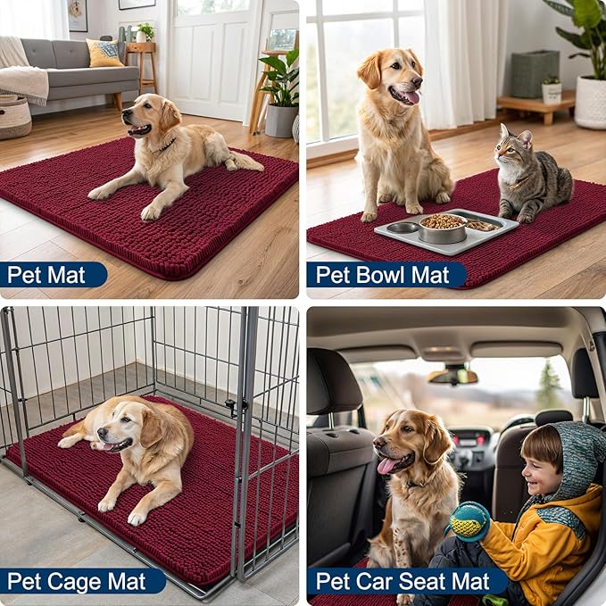 Smiry Dog Door Mat for Muddy Paws 48x30, Absorbs Moisture and Dirt Doormat, Non-Slip Washable Quick Dry Chenille Front Door Mat Indoor Entrance, Entryway Carpet for Inside Floor, Burgundy