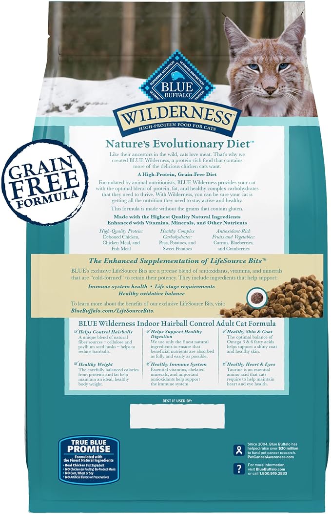 Blue Buffalo Wilderness High Protein Indoor Hairball Control Chicken Dry Cat Food for Adult Cats, Grain-Free, 5 lb. Bag