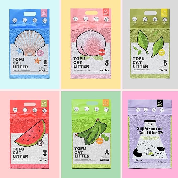 Tofu Cat Litter Natural Clumping Tofu Cat Litter, Fast Clumping and Easily Scoop-able 5.5lb/88oz 5 Scents - Rainbow Combo, 6 Pack