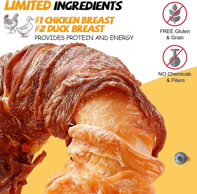 ASMPET Dog Treats Chews, Chicken & Duck Wrapped Rawhide Donuts Dental Care Chews for Small Medium Large Breed Aggressive Chewers (Pack of 4)