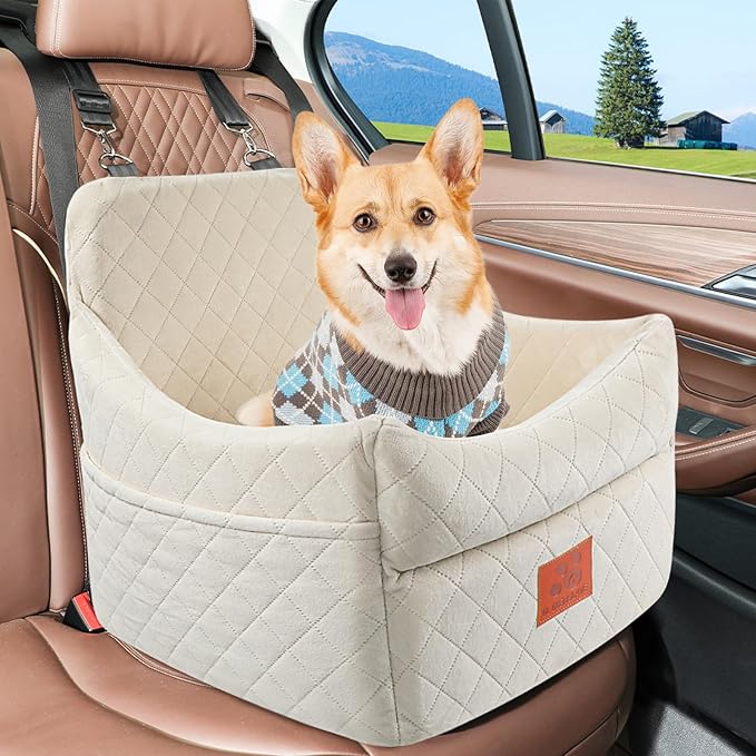 Dog Car Seat for Small/Medium Dogs, Dog Booster Car Seats with Thick Cushion for Dogs Under 35lbs, Detachable Washable Pet Carseat with Storage Pockets, 2 Safety Belts(Beige)