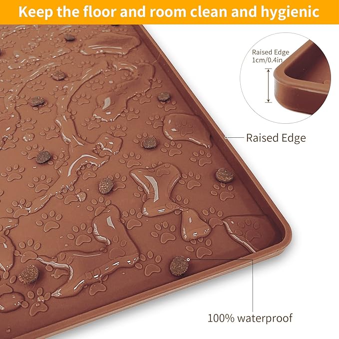 Ptlom Pet Placemat for Dog and Cat, Waterproof Silicone Pet Feeding Bowl Mats for Food and Water, Small Medium Large Dogs Mat Prevent Residues from Spilling to Floor, Brown, 11.8"x11.8"