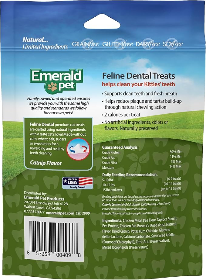 Feline Dental Treats — Tasty and Crunchy Cat Dental Treats Grain Free — Natural Dental Treats to Clean Cat Teeth, Freshen Cat Breath, and Reduce Plaque and Tartar Buildup — Catnip Treats, 3 oz