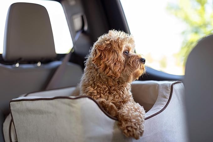 Snoozer Dog Car Seat: Lookout I Dog Booster Car Seat for Dogs Small 5-15 lbs, Pet Car Seat to Alleviate Car Sickness for Dogs, Included Harness Strap, Buckskin Removable Machine Washable Cover