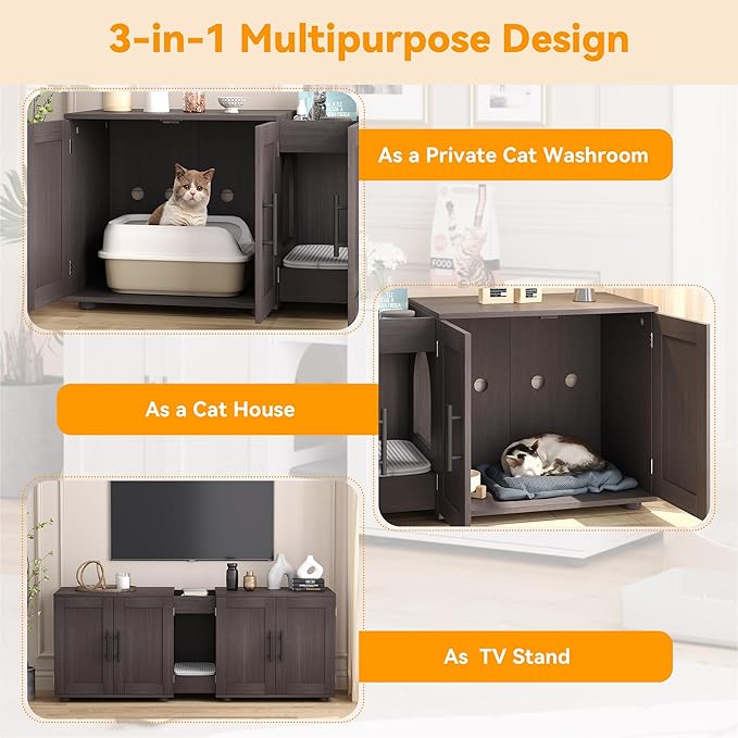 Gaomon Litter Box Enclosure with Double Room,Cat Hidden Litter Box Enclosure Furniture for 2 Cats with Double Room, 55”L x 17.7”W x 22.5”H Cat House,Wooden Enclosed Cat Litter Box Furniture,Walnut
