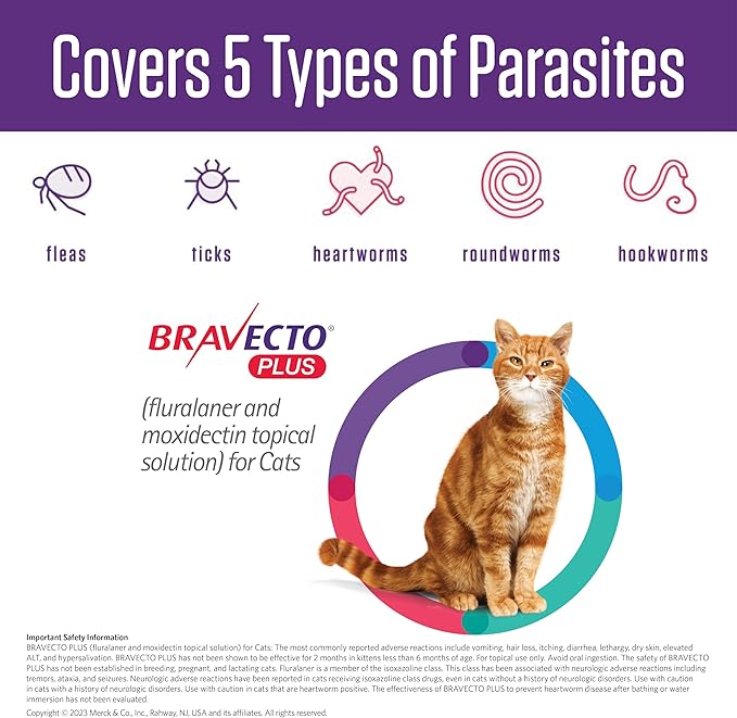 BRAVECTO PLUS Topical Solution for Cats, Flea, Tick & Heartworm, 2 Months Supply, 13.8-27.5 lbs., Purple Box
