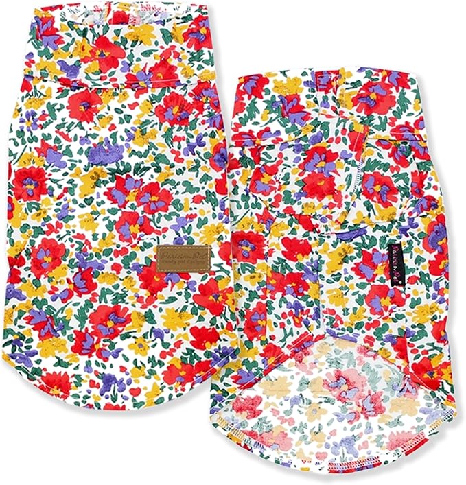 Parisian Pet Floral Pattern Cotton Shirt - Summer Beach Outfit for Small Dogs - Hook and Loop Closure, Machine Washable - Size S