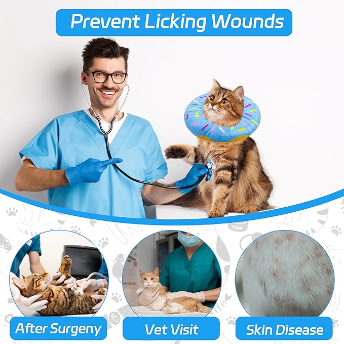 Cat Cone Soft Collar,Adjustable Cat Recovery Collars Kitten Cones to Stop Licking, Cute Donut Neck Collar After Surgery, Elizabethan Kittens Protective Cones After Spay (Donut Blue, Large)
