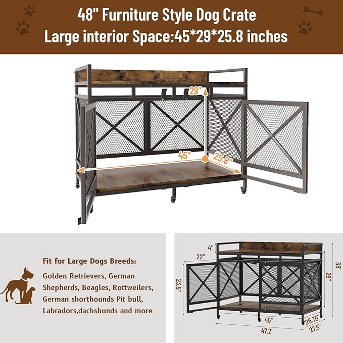 COZPAW Large Dog Crate Furniture, 48 Inch Wooden Dog Kennel for XLarge Dogs, Heavy Duty Dogs Furniture Indoor Wire Dog Cage with Caster Wheels, Decorative Pet House End Table, Brown
