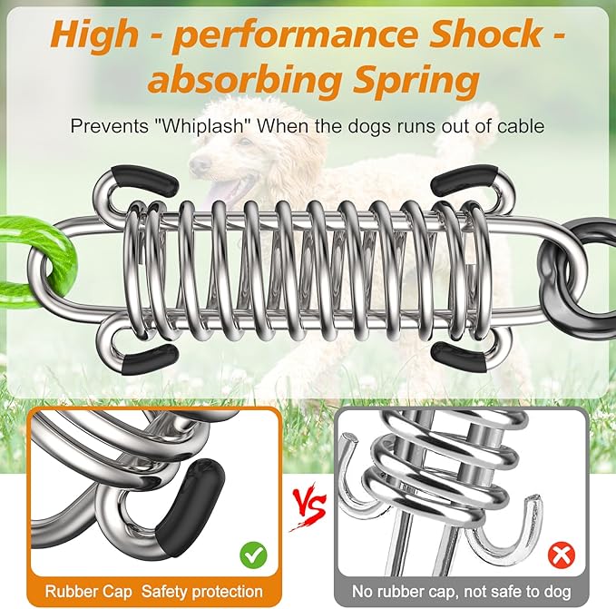 Tresbro 120FT Dog Tie Out Cable with Spring, Shock Absorbing Tether Chains for Outside Aavilable in 10/15/20/25/30/40/50/70/100/120 FT, Heavy Duty Leads for Yard for Medium & Large Dogs Up to 500 LBS