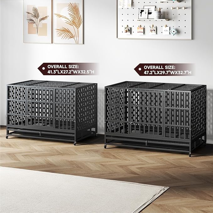 48/42 Inch Heavy Duty Indestructible Dog Crate Steel Escape Proof, Indoor Double Door High Anxiety Cage, Kennel with Wheels, Removable Tray, Extra Large XL XXL