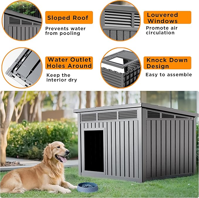 DRATO Dog House for Both Indoor and Outdoor with Weatherproof Roof Removable Floors for Medium to Large Dogs Interior Space (Gray, Large (42.87 * 32.95 * 31.61''))