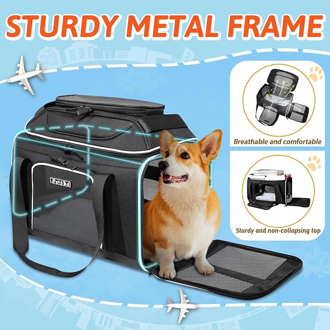 Petskd Top-Expandable Pet Carrier 18x13x9.5 Inches Southwest Airline Approved, Soft-Sided Carrier for Small Cats and Dogs with Locking Safety Zippers and Anti-Scratch Mesh(Black)