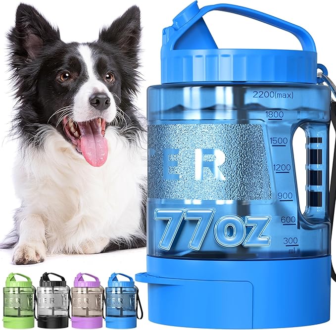 Portable Dog Travel Water Bottle, 77oz Large Dog Water Bowl Dispenser Portable, Leakproof Pet Drinking Bottle Dispenser for Hiking Camping Walking Travelling Beach Car Trips, BPA Free,Blue