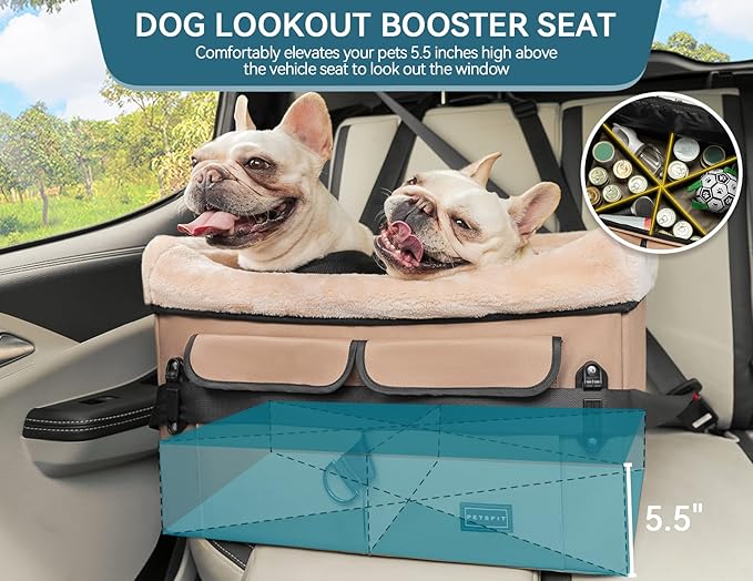 Petsfit Dog Booster Car Seat for Medium Dog or 2 Small Dogs with Patent Buckles, Washable Pad, Upgraded Pet Car Seat for Dogs Up to 45 lbs (Medium, Tan)