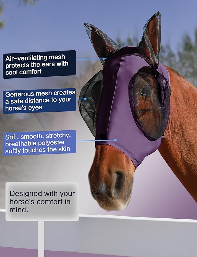 Horse Fly Mask with Ears, UV Protection for Horses, Elasticity with Big Mesh Eye Covers, Snug Fitting Comfortable Breathable Lightweight for Horses Deep Purple Full Size