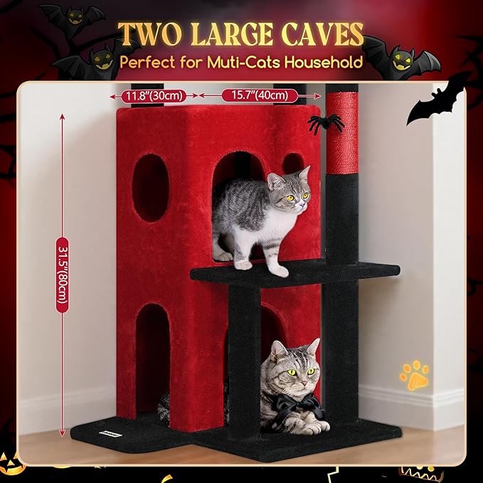 Globlazer Gothic Cat Tree Tower for Indoor Cats, 50-inch Goth Adult Cat Tree House for Large Adult Cats with Steps, Scratching Post, 2 Cat Caves, Dangling Toys, FC50, Blood-Goth