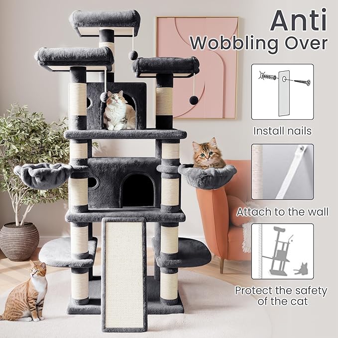 SHA CERLIN 68 Inches Multi-Level Large Cat Tree for Large Kitties/Big Cat Tower with Condo/Cozy Plush ‌Pussycat Perches/Sisal Scratching Posts and Hammocks/Activity Center/Dark Grey