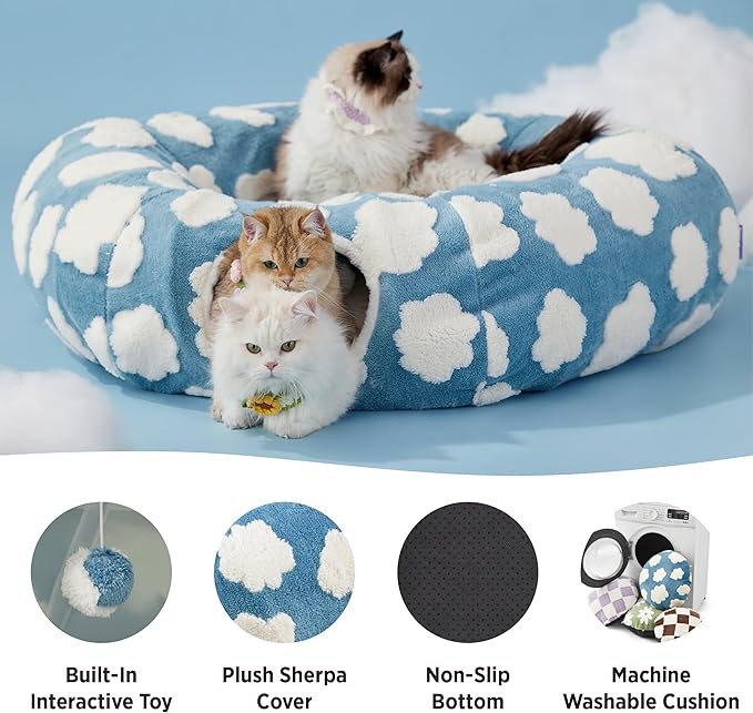 Lesure Large Cat Tunnel Bed - Cute Donut Bed for Indoor Cats with Washable Circle Cushion, Round Pet Peekaboo Cave Toy for Multi Kitten/Puppy/Rabbit, Large Blue