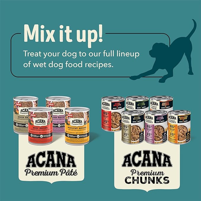 ACANA Premium Chunks in Bone Broth Grain-Free Wet Dog Food Variety Pack: Beef + Poultry Recipes 12.8oz Cans (6 Count, 3 of Each)