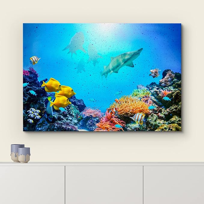 wall26 Canvas Print Wall Art Vibrant Coral Reef Shark Fish Anemone Reef Nature Animals Photography Realism Rustic Scenic Landscape Wilderness Earth for Living Room, Bedroom, Office - 12"x18"