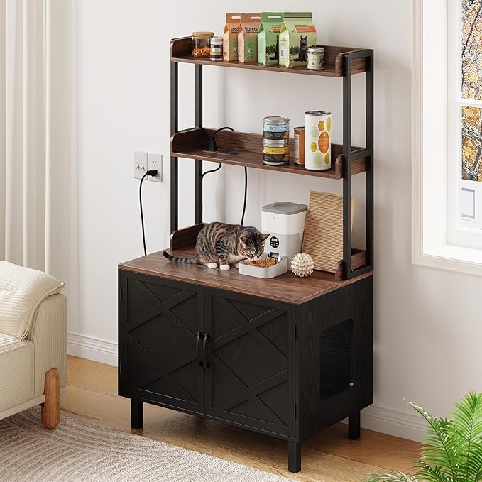 55 Inches Cat Litter Box Enclosure, Hidden Litter Box Furniture with 2 Storage Shelves and Charging Sockets, Wooden Cat House, Large Indoor Cabinet for Living Room & Entryway, Black