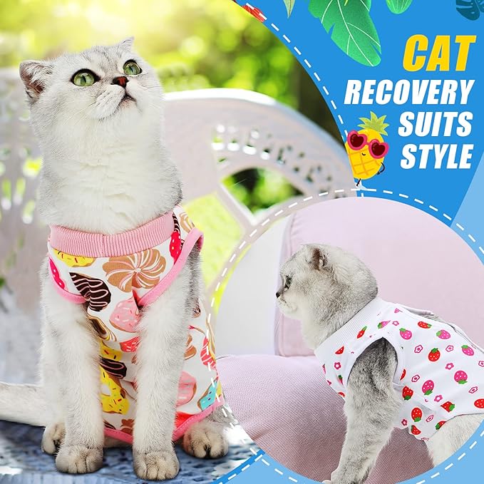 4 Pieces Cat Recovery Suits Body Wraps Breathable Kittens Recovery Clothes for Cats Small Dogs Abdominal Weaning(Banana, Football, Strawberry, Donut,XL)