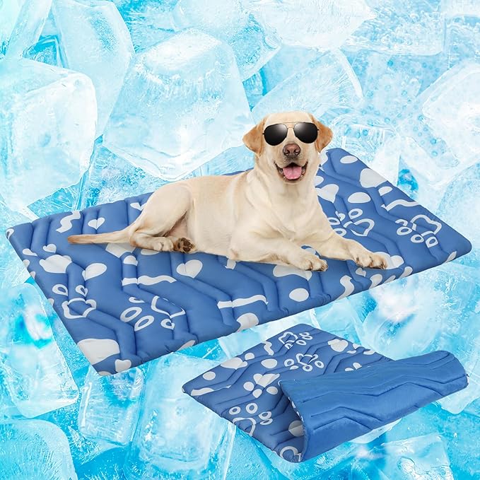 BEAUTYZOO Dog Cooling Mat- Upgraded Thicken Cooling Mat for Large Dogs Reversible(Cool & Warm) Pet Ice Cool Bed Washable & Portable, Summer Crate Pad for Big Dog Puppy Up to 100 lbs, Paw Blue 59X40IN