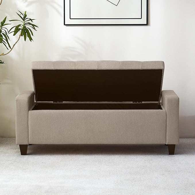 Ottoman with Storage, 48.8" Fabric Storage Ottoman Bench with Hinge, Bedroom Bench, Upholstered Benches with Seating for Living Room, Entryway (Khaki)