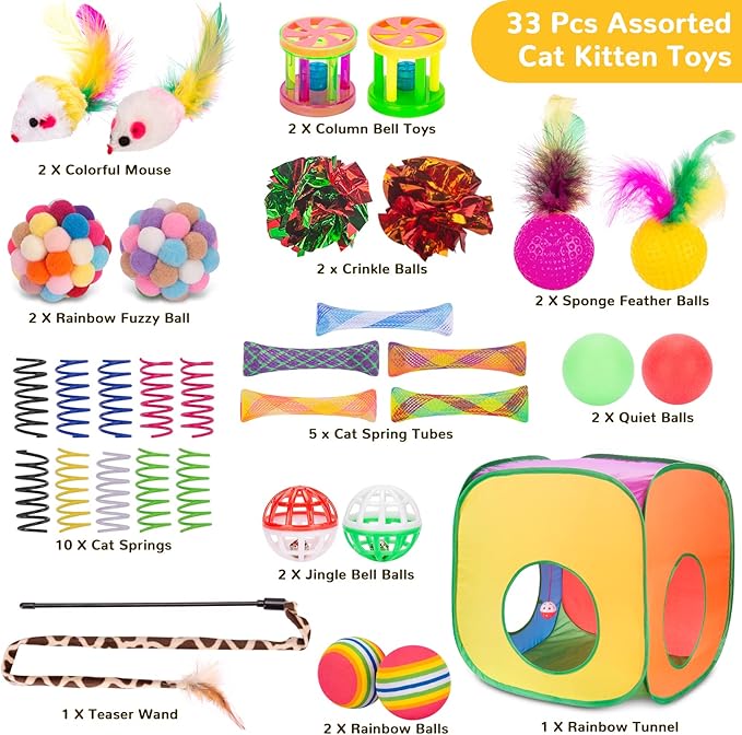 Retro Shaw 33Pcs Cat Toys for Large Cats, Interactive Kitten Toys for Indoor Cats Kitty with Collapsible Game Tunnel Tube Tent Feather Wand Teaser Bell Fuzzy Ball Springs Mouse Toys